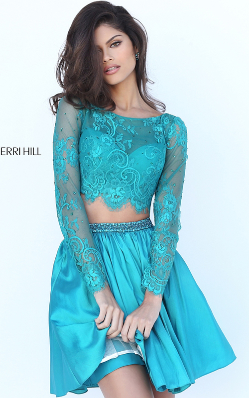 2016 Sherri Hill 50556 Lace Two Piece Party Dress Teal