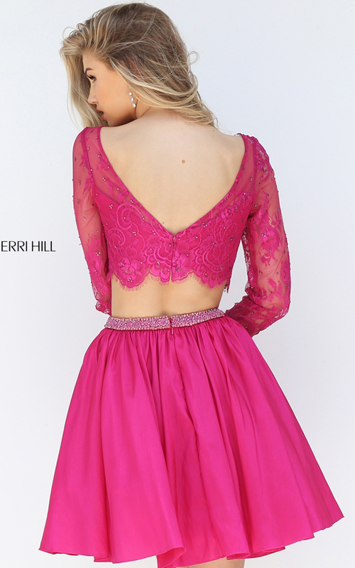 A Line Sherri Hill 50556 Fuchsia Lace Two Piece Sexy Dress_1