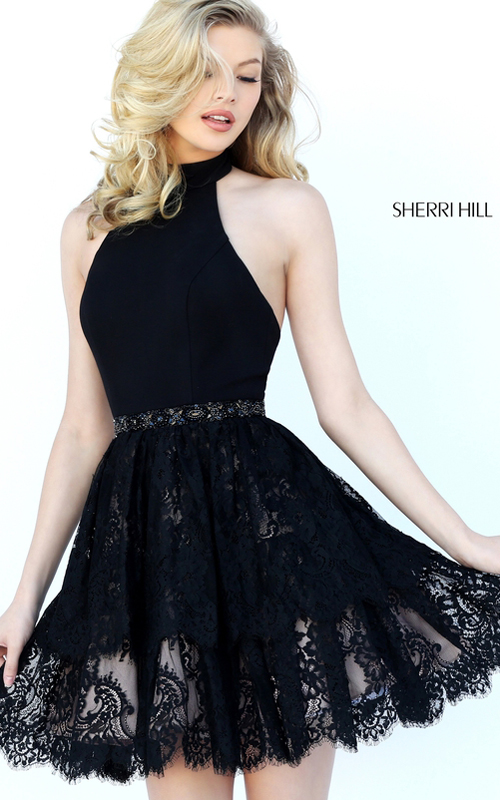 A Line Sherri Hill Short Lace Homecoming Dress 50634 Black