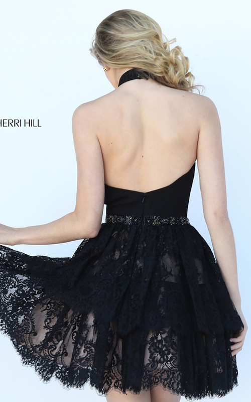 A Line Sherri Hill Short Lace Homecoming Dress 50634 Black_1