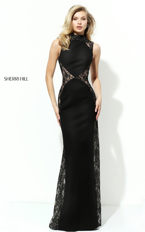 Sherri Hill 50652 Black Beaded Lace Open Back Prom Gown 2016