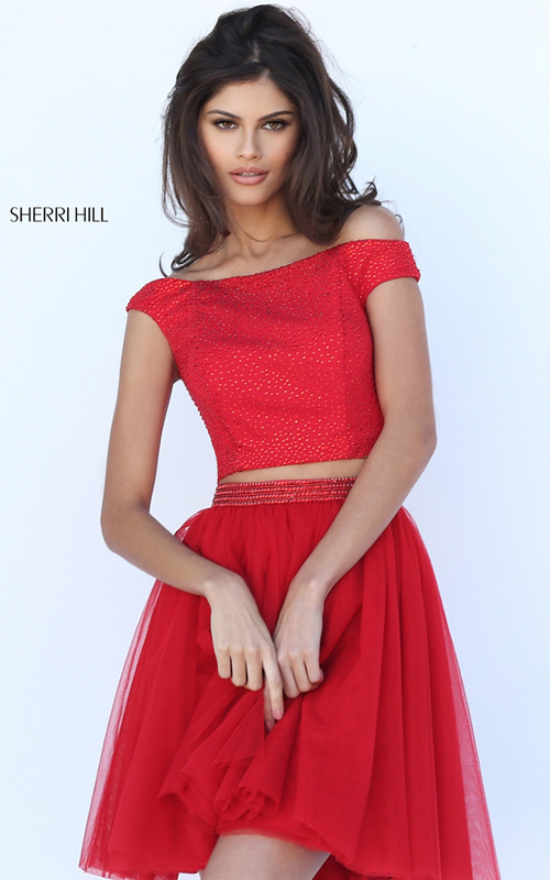 2016 Sherri Hill 50497 Beaded Tulle Homecoming Dress Red