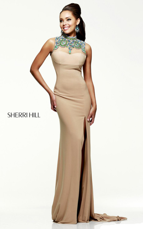 beads sherri hill 21370 long backless prom dress nude